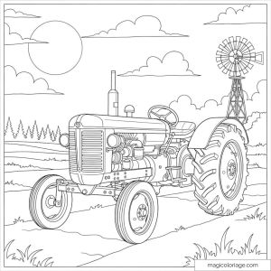 Coloring page of a retro tractor in front of a wind turbine at dawn.