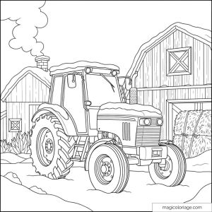 Snow-covered tractor in front of a farm in winter with hay bales