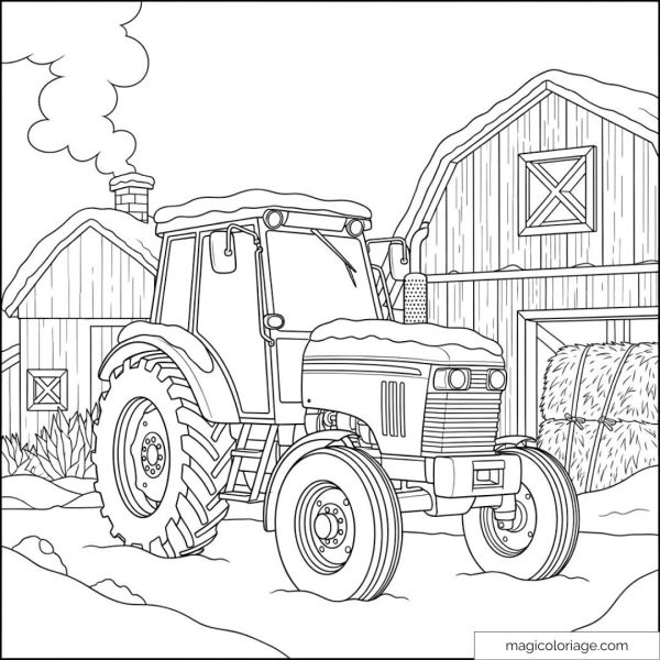 Snow-covered tractor in front of a farm in winter with hay bales