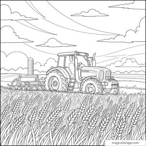 Tracteur agricole dans champ de blé sous ciel nuageux.