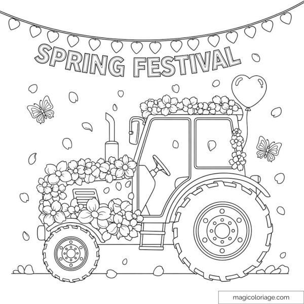 Tractor decorated with flowers for the Spring Festival