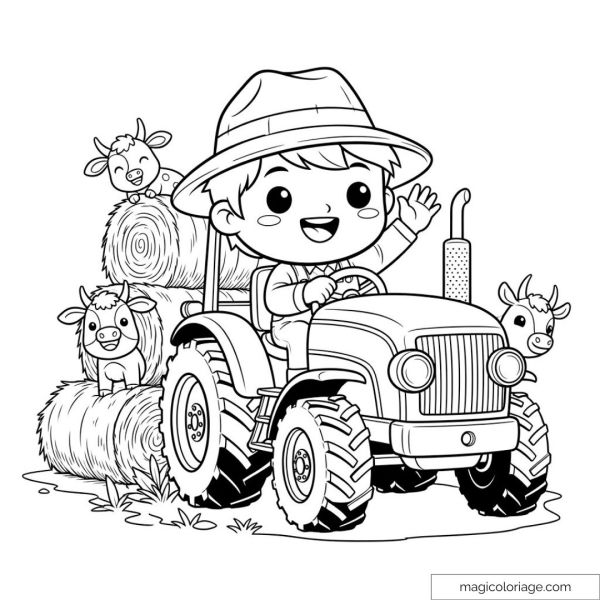 Farm drawing with child on tractor and goats.