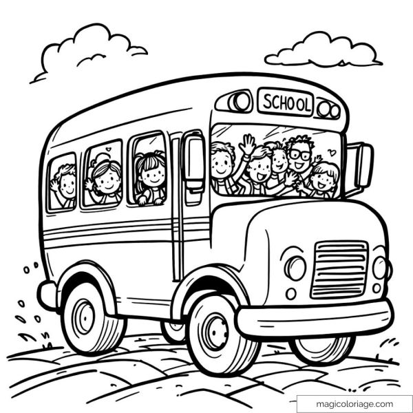School bus with smiling children for the start of the school year