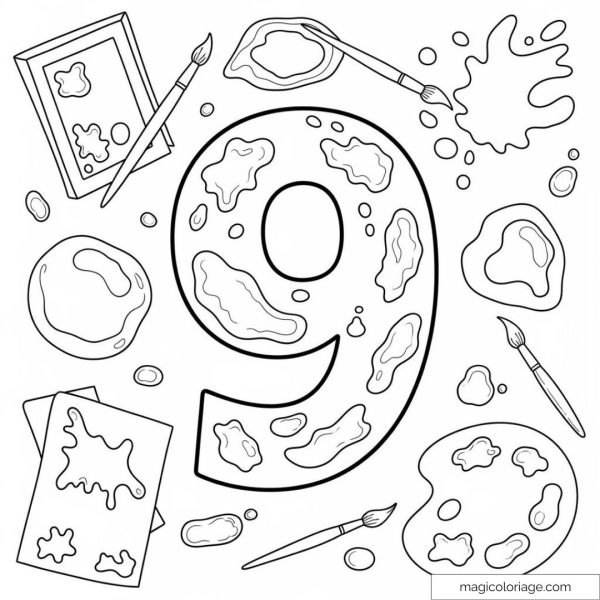Coloring page of number 9 decorated with paint stains and brushes