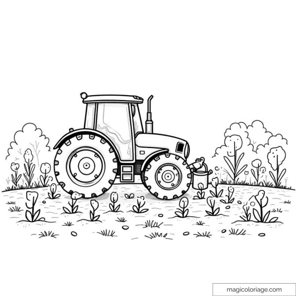 Tractor and flowers in a field surrounded by wild vegetation.