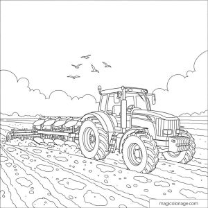 Illustration de tracteur dans un champ avec nuages et oiseaux.