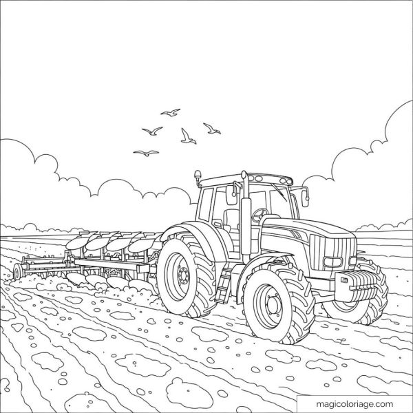 Illustration of tractor in a field with clouds and birds.