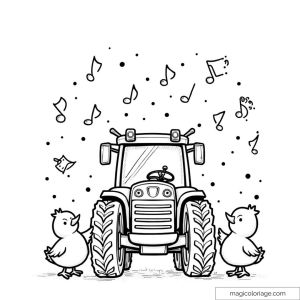 Dessin d'un tracteur avec notes de musique et poussins joyeux