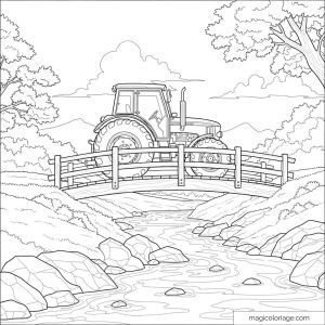 Dessin de tracteur sur un pont au-dessus d'une rivière.
