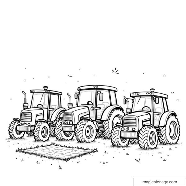Three ready-to-color tractors with captivating farm details.