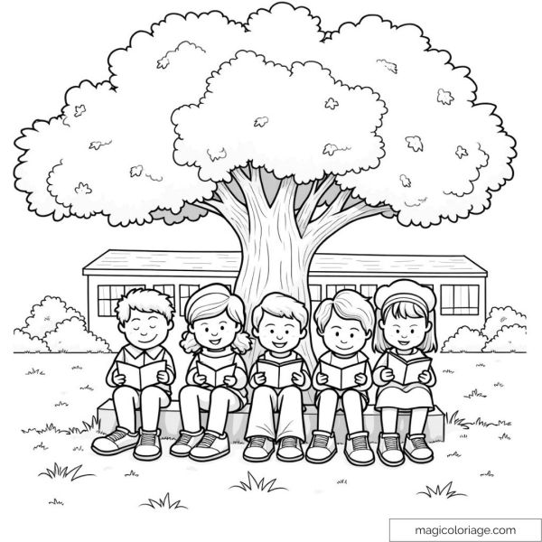 Children sitting under a tree reading in front of a school