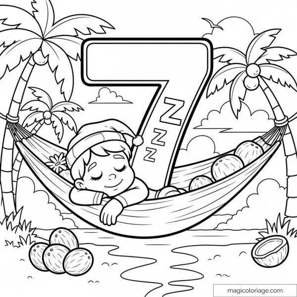 Child sleeping on hammock surrounded by coconut trees and large number 7