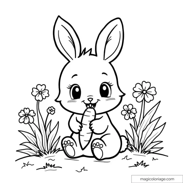 Cute bunny drawing with carrot and flowers to color