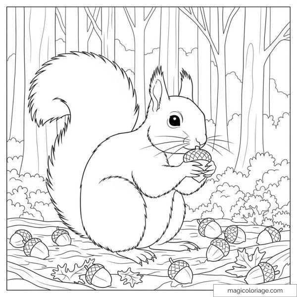 Black and white drawing of a squirrel with an acorn in the woods
