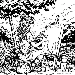 Dessin d'une femme peignant en plein air sous un arbre.