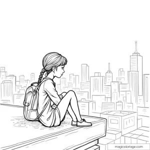 Fillette assise sur un toit avec des gratte-ciels en arrière-plan.
