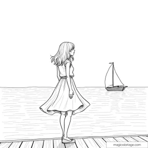 Fille sur la jetée regardant un voilier à l'horizon