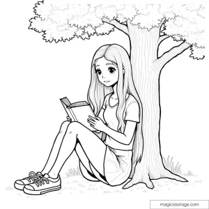 Dessin d'une fille lisant sous un arbre avec de longs cheveux