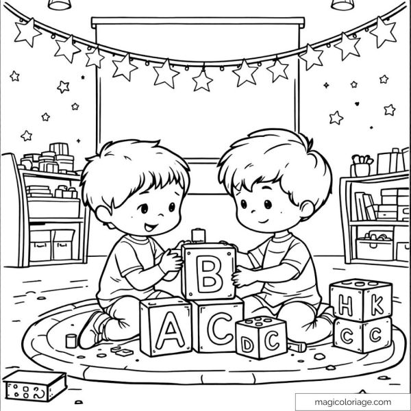 Children playing with ABC cubes in a classroom