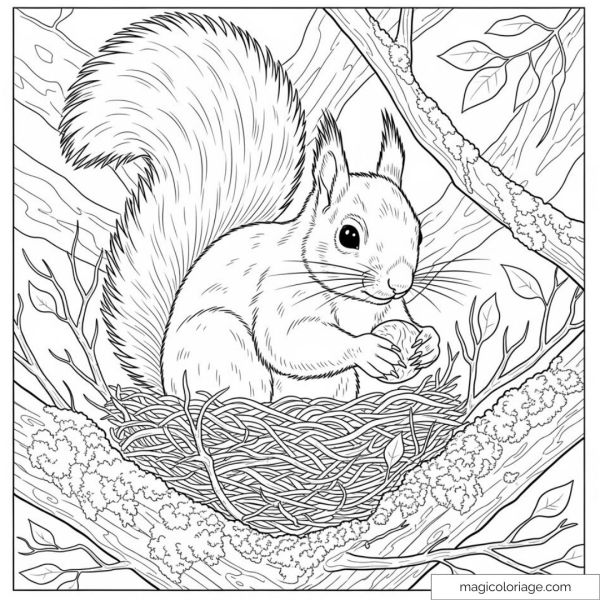 Cute squirrel in a nest on a tree branch coloring page