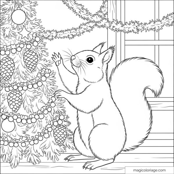 Drawing of a squirrel decorating a Christmas tree with natural ornaments.