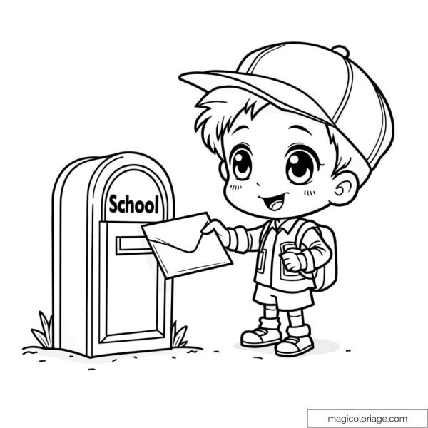 Smiling child dropping a letter into a school mailbox.