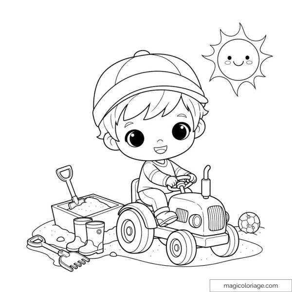 Smiling child on a tractor in the sun with toys around