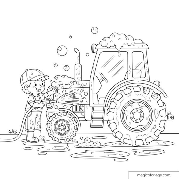 Picture of a child washing a tractor with foam to color