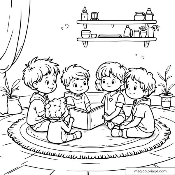 Children reading together in a room with plants and rugs