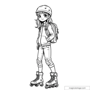 Dessin de fille en rollers avec casque et sac à dos à colorier