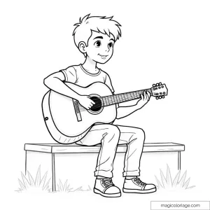 Dessin garçon assis avec guitare sur banc