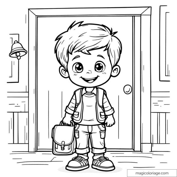 Smiling boy holding schoolbag ready for school.