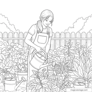 Femme arrosant des plantes dans un jardin. Coloriage apaisant.
