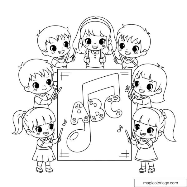 Smiling children around a board with ABC letters and musical notes.