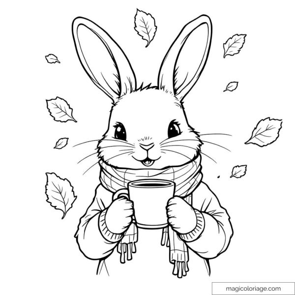 Autumn bunny coloring page with scarf and cup