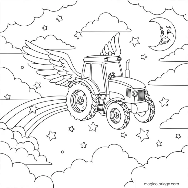 Image of a tractor with wings among stars and clouds.