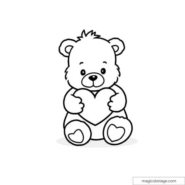 Cute teddy bear with heart coloring page for kids.