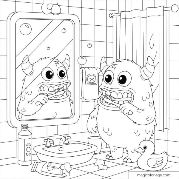 Cute monster in the bathroom brushing his teeth with a rubber duck.
