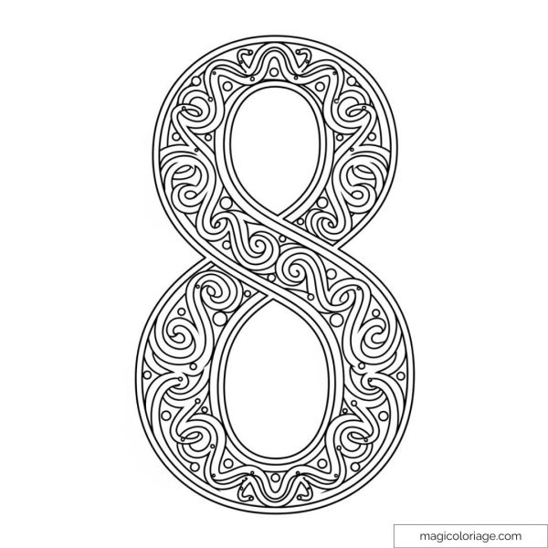 Drawing of the number 8 decorated with intricate patterns for coloring.