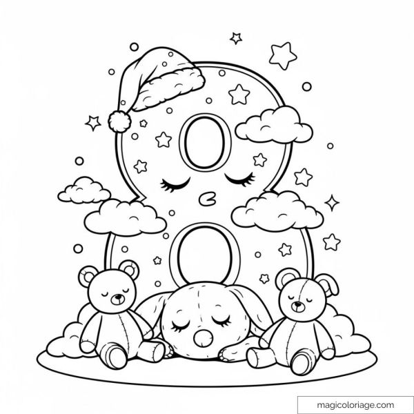 Picture of a sleeping number eight surrounded by clouds and teddy bears to color