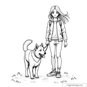 Jeune fille tenant en laisse un chien dans un parc