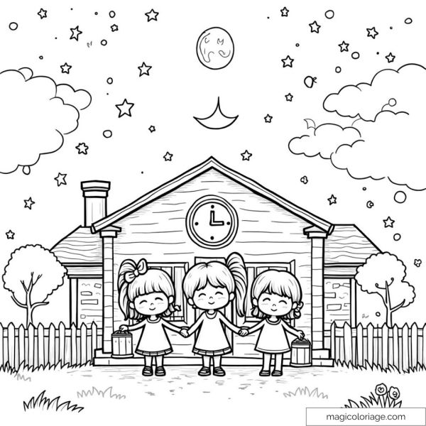 Three children in front of a school at night with stars and a crescent moon.