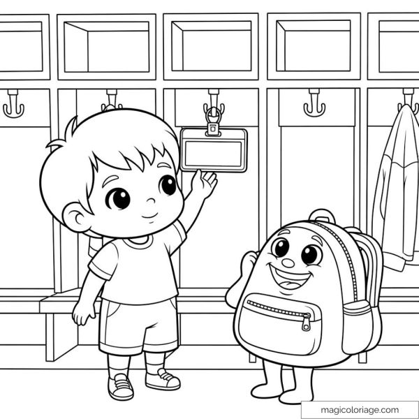 Happy child and backpack in a school locker room.