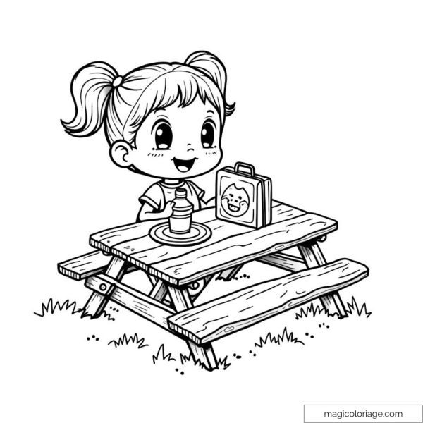 Smiling little girl with lunchbox on wooden picnic table