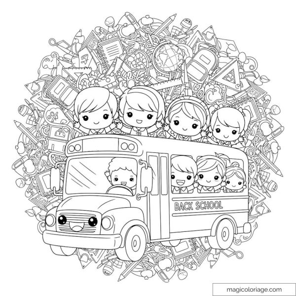 Smiling children on a school bus surrounded by supplies.