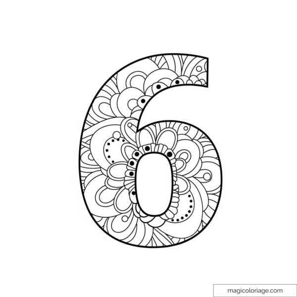 Number 6 mandala coloring page with detailed floral patterns.