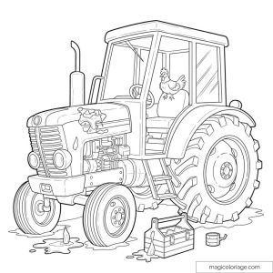 Tracteur vintage avec une poule dans la cabine