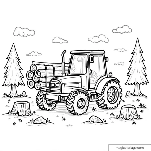 Drawing of a tractor with logs in the forest for coloring.