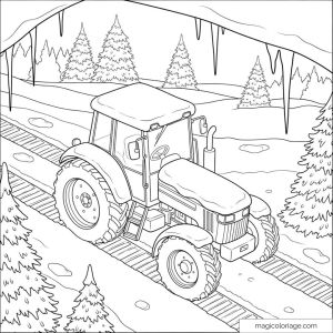 Image d’un tracteur enneigé dans un paysage hivernal