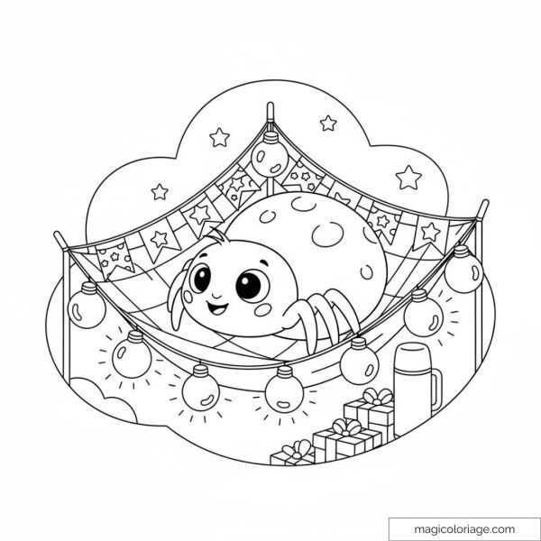 Dessin d'une araignée adorable dans un hamac avec guirlandes